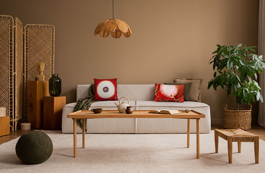 red throw pillows on a neutral living room couch