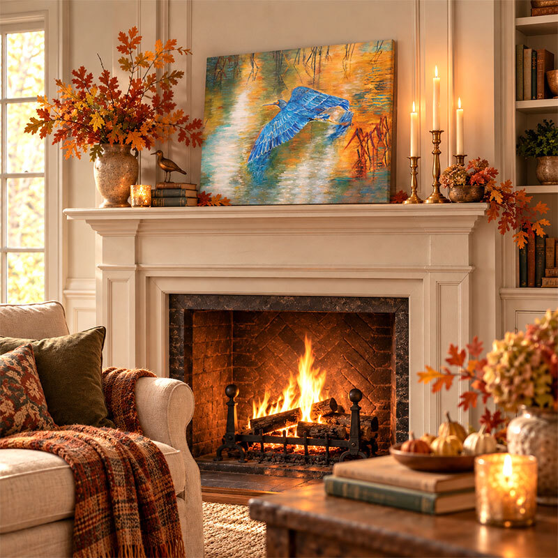 Wings of the Blue Heron by Karina Woldt unframed canvas above a fireplace