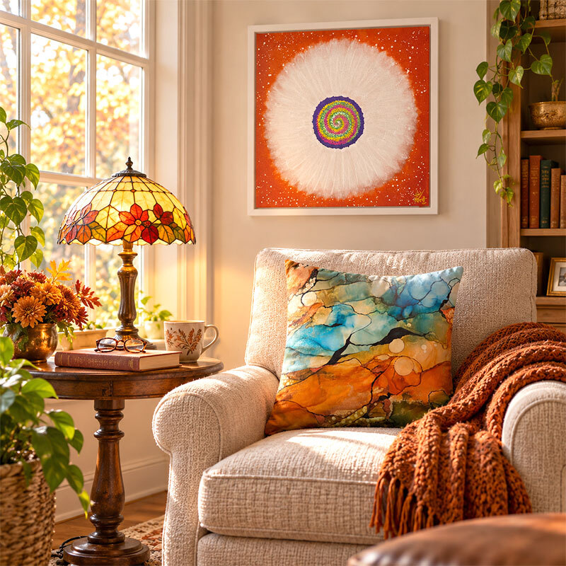 Jisu Han Flower of the Universe framed canvas print in cozy corner by a window with a padded seat with Desert Landscape by Rebecca Bond throw pillow