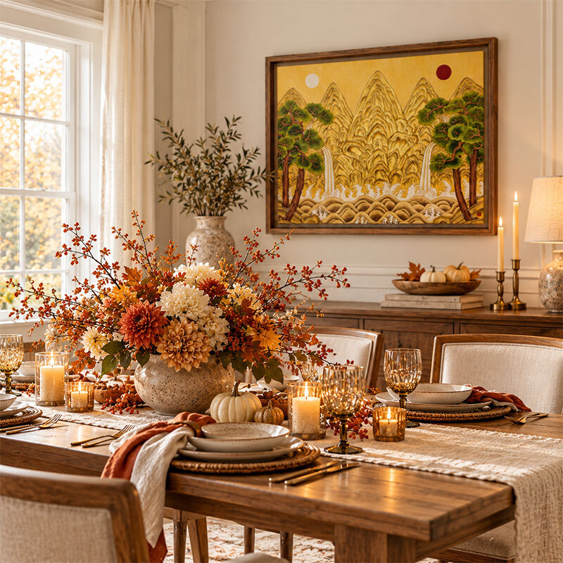 The Center of Being by Yesang Lee on a dining room wall decorated for a holiday meal
